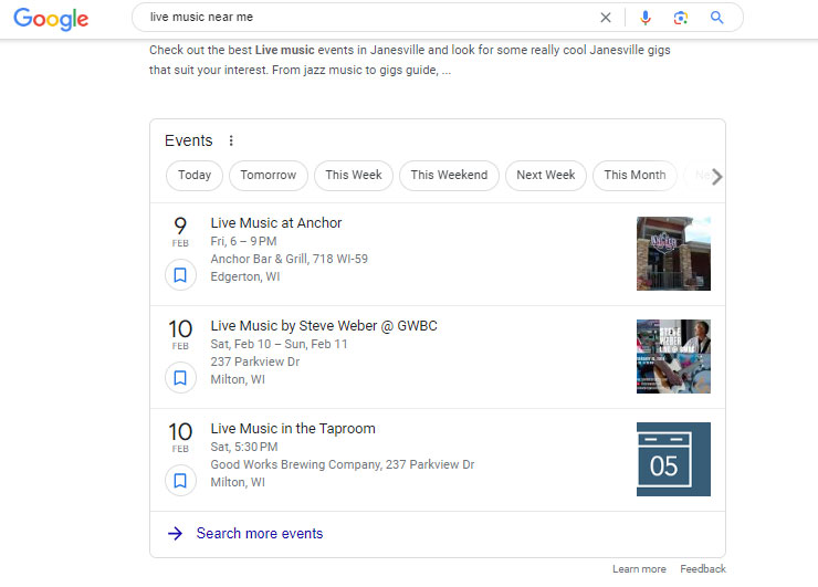 Example of a calendar feed with data mark up applied